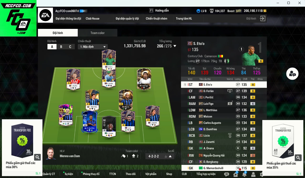[Dư nhiều BP] Inter Milan 1.331.750b dư 200.000b có Forlán CC, Eto CC, Maicon BDO, Lúcio CC, Figo BDO+6, Perisic CC, Matthaus RTN, Dumfries 24UCL+6, Bergkamp HG, Augusto 23HW, Zanetti CC. Còn nhiều SVIP (VIP BK Tháng 7)